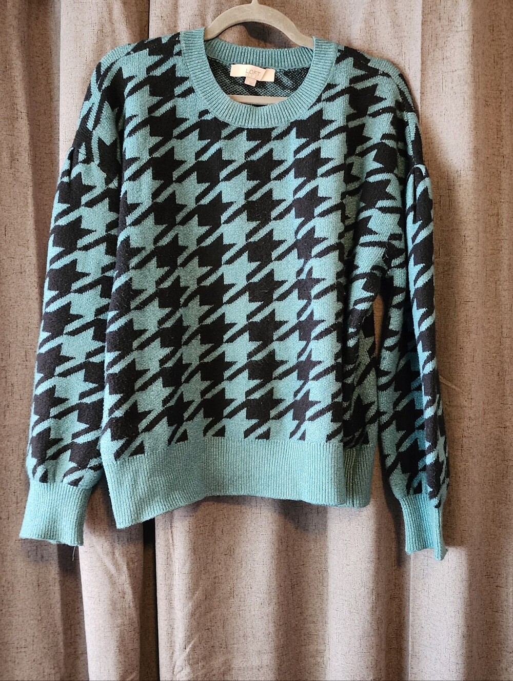 LOFT Teal Black Houndstooth Knit Crewneck Sweater Balloon Sleeve Size Large